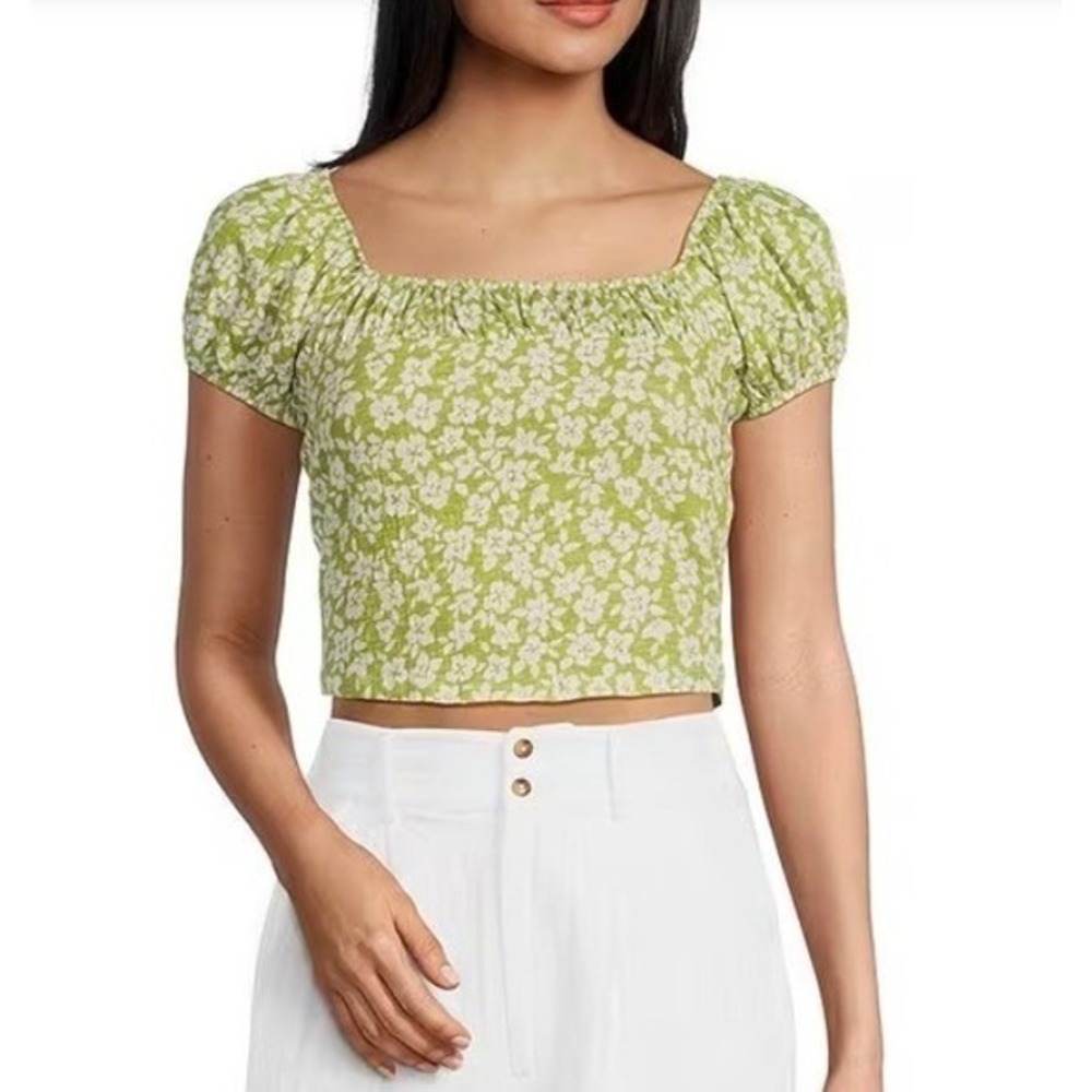Billabong Flirt On Puff Sleeve Ditsy Floral Print Square Neck Crop Top Sz S NWT